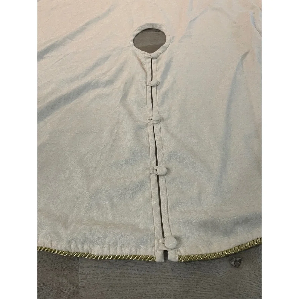 Vintage Ivory Damask Christmas Tree Skirt Gold Rope Trim 52 Inch Button Front